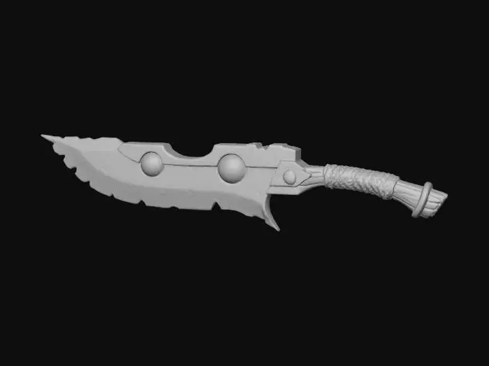 3D model for A stylized fantasy bow staff weapon floating against a dark neutral background. The blade is wide and jagged with a chipped, irregular edge, made of pale bluish steel with subtle wear and scratches. The upper spine features two circular cutouts fitted with amber-colored translucent resin inserts. The blade is attached to a short wooden handle with a warm brown finish, wrapped tightly with thick beige rope near the guard. A metal rivet secures the handle, adding a rugged, handcrafted feel. The overall style is semi-realistic with smooth sculpted forms, exaggerated proportions, and clean edges, suitable for a game or collectible 3D asset. Soft studio lighting, sharp focus, high detail, no text, no characters.