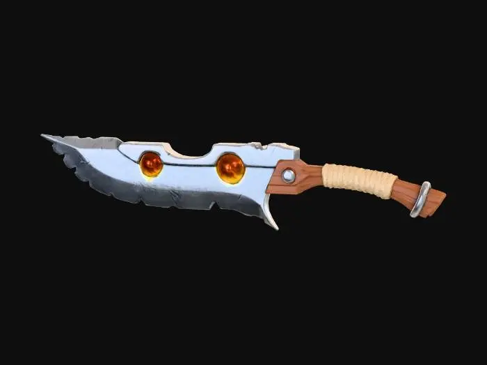 3D model for A stylized fantasy bow staff weapon floating against a dark neutral background. The blade is wide and jagged with a chipped, irregular edge, made of pale bluish steel with subtle wear and scratches. The upper spine features two circular cutouts fitted with amber-colored translucent resin inserts. The blade is attached to a short wooden handle with a warm brown finish, wrapped tightly with thick beige rope near the guard. A metal rivet secures the handle, adding a rugged, handcrafted feel. The overall style is semi-realistic with smooth sculpted forms, exaggerated proportions, and clean edges, suitable for a game or collectible 3D asset. Soft studio lighting, sharp focus, high detail, no text, no characters.