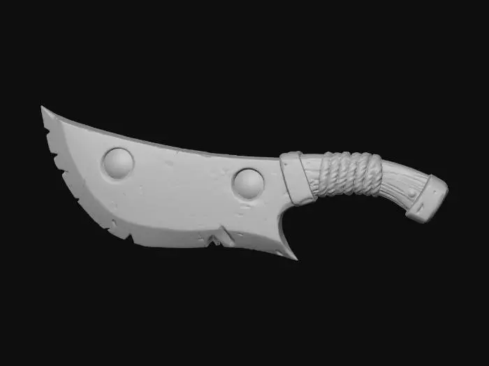 3D model for A stylized fantasy cleaver weapon floating against a dark neutral background. The blade is wide and jagged with a chipped, irregular edge, made of pale bluish steel with subtle wear and scratches. The upper spine features two circular cutouts fitted with amber-colored translucent resin inserts. The blade is attached to a short wooden handle with a warm brown finish, wrapped tightly with thick beige rope near the guard. A metal rivet secures the handle, adding a rugged, handcrafted feel. The overall style is semi-realistic with smooth sculpted forms, exaggerated proportions, and clean edges, suitable for a game or collectible 3D asset. Soft studio lighting, sharp focus, high detail, no text, no characters.