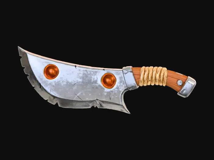 3D model for A stylized fantasy cleaver weapon floating against a dark neutral background. The blade is wide and jagged with a chipped, irregular edge, made of pale bluish steel with subtle wear and scratches. The upper spine features two circular cutouts fitted with amber-colored translucent resin inserts. The blade is attached to a short wooden handle with a warm brown finish, wrapped tightly with thick beige rope near the guard. A metal rivet secures the handle, adding a rugged, handcrafted feel. The overall style is semi-realistic with smooth sculpted forms, exaggerated proportions, and clean edges, suitable for a game or collectible 3D asset. Soft studio lighting, sharp focus, high detail, no text, no characters.