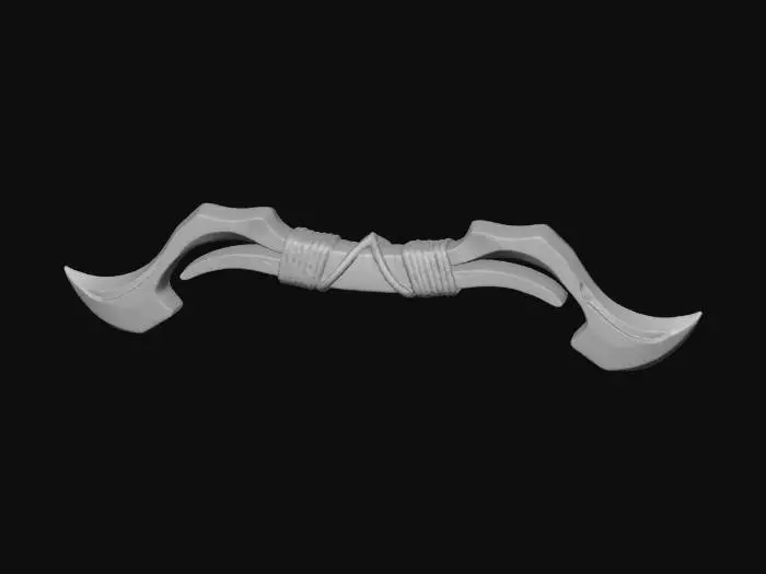3D model for A stylized fantasy wooden bow staff floating against a dark neutral background. large and wooden with a warm brown finish, wrapped tightly with thick beige rope near the guard. A rugged, handcrafted feel. The overall style is semi-realistic with smooth sculpted forms, exaggerated proportions, and clean edges, suitable for a game or collectible 3D asset. Soft studio lighting, sharp focus, high detail, no text, no characters.