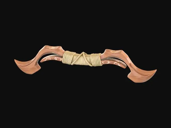 3D model for A stylized fantasy wooden bow staff floating against a dark neutral background. large and wooden with a warm brown finish, wrapped tightly with thick beige rope near the guard. A rugged, handcrafted feel. The overall style is semi-realistic with smooth sculpted forms, exaggerated proportions, and clean edges, suitable for a game or collectible 3D asset. Soft studio lighting, sharp focus, high detail, no text, no characters.