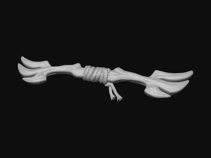3D model for A stylized fantasy wooden bow staff floating against a dark neutral background. large and wooden with a warm brown finish, wrapped tightly with thick beige rope near the guard. A rugged, handcrafted feel. The overall style is semi-realistic with smooth sculpted forms, exaggerated proportions, and clean edges, suitable for a game or collectible 3D asset. Soft studio lighting, sharp focus, high detail, no text, no characters.
