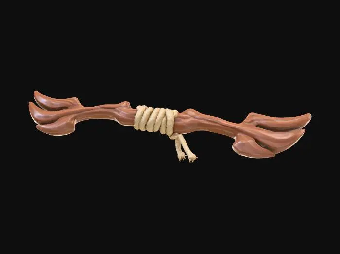 3D model for A stylized fantasy wooden bow staff floating against a dark neutral background. large and wooden with a warm brown finish, wrapped tightly with thick beige rope near the guard. A rugged, handcrafted feel. The overall style is semi-realistic with smooth sculpted forms, exaggerated proportions, and clean edges, suitable for a game or collectible 3D asset. Soft studio lighting, sharp focus, high detail, no text, no characters.