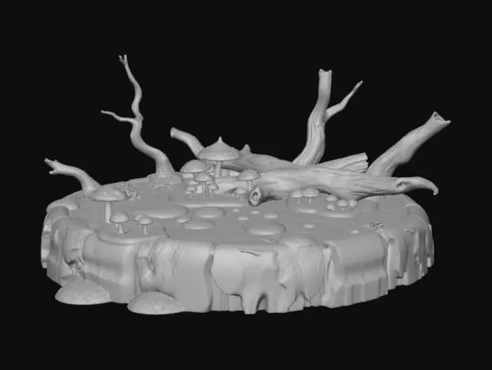 3D model for A game ready round base swampy items on it rotted logs small mushrooms and slime