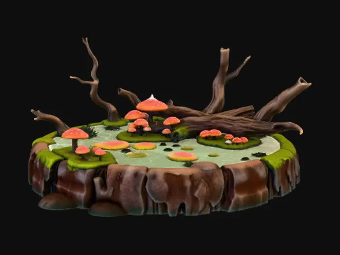 3D model for A game ready round base swampy items on it rotted logs small mushrooms and slime