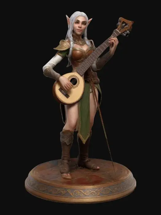 3D model for Highly Detailed, Medieval, World of Warcraft, female half-elf bard strumming a lute on a round base , #ChristmasAdventure#