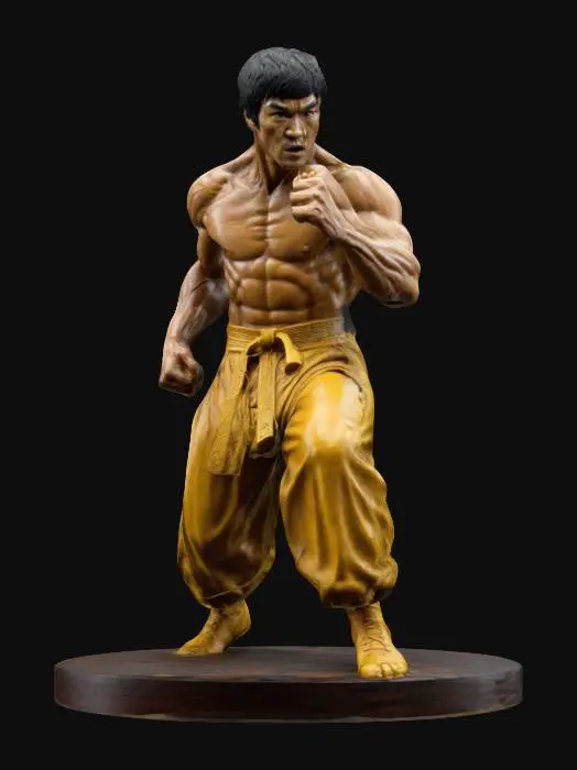 3D model for Highly Detailed, Ultra Realistic, Carved, bruce lee Battle Pose on a round base