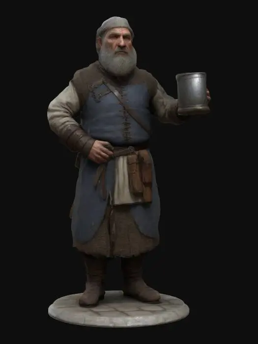 3D model for Medieval, Game of Thrones, Highly Detailed, Ultra Realistic npc inn keeper on a round base 