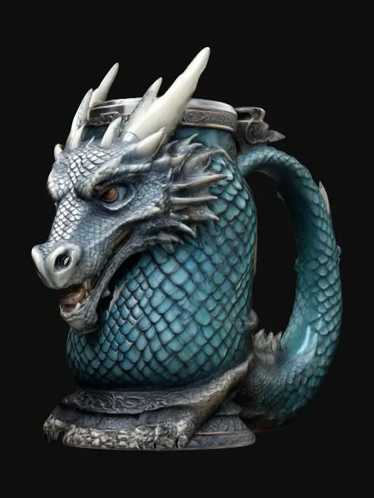 3D model for Medieval, Game of Thrones, Highly Detailed, Ultra Realistic beer stein with dragon scales carved in the handle the mug should be a dragon
