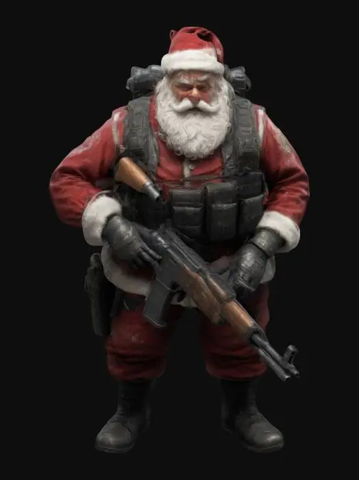 3D model for a Highly Detailed, fit santa claus in a full tactical armor with a shotgun in a battle stance, resident evil theme, battle worn swat gear clothing,, #ChristmasAdventure#,   