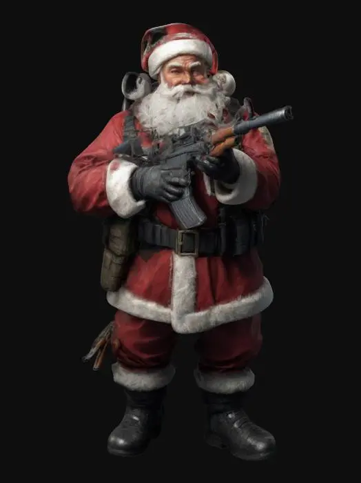 3D model for a Highly Detailed, fit santa claus in a full tactical armor with a shotgun in a battle stance, resident evil theme, battle worn swat gear clothing,, #ChristmasAdventure#,   