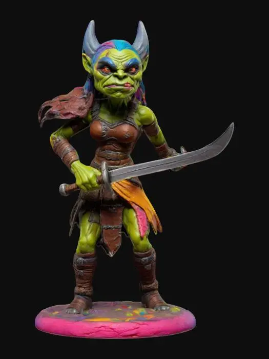 3D model for An extremely detailed female orc molded out of colorful playdough in a attack pose she is swinging a small sword the figure has movement, lots of mismatched colors deeply carved features well lit wearing leather clothing fine detail in the clothing she is set on a round base