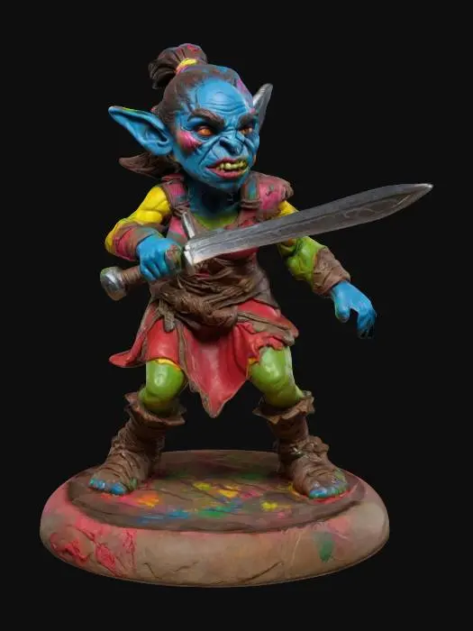3D model for An extremely detailed female orc molded out of colorful playdough in a attack pose she is swinging a small sword the figure has movement, lots of mismatched colors deeply carved features well lit wearing leather clothing fine detail in the clothing she is set on a round base