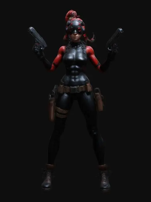 3D model for I want to make an incredibly detailed ladypool extremely detailed extreme quality deep definition in a attack stance holding two pistols, #ChristmasAdventure#