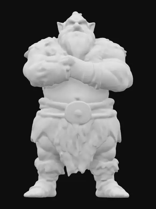 3D model for Highly Detailed, Dwarf extremely extra muscular in a proud confident stance with his arms folded, Full Body, His clothing is made out of brown fur his skin has scars from fights his hair is gray  