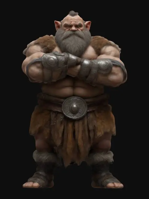 3D model for Highly Detailed, Dwarf extremely extra muscular in a proud confident stance with his arms folded, Full Body, His clothing is made out of brown fur his skin has scars from fights his hair is gray  