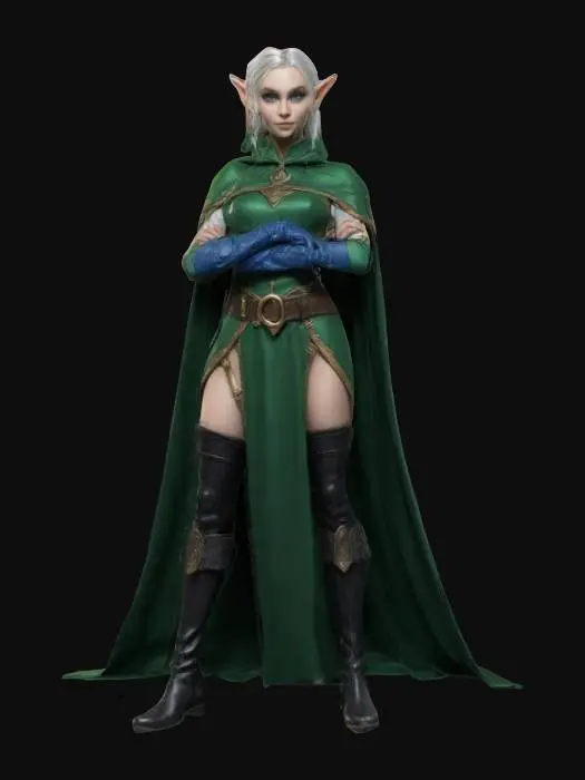 3D model for Highly Detailed, female elf in a proud confident stance with her arms folded, Full Body 