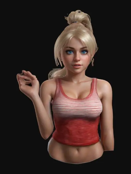 3D model for Hot blonde woman, blue eyes, her hair in a ponytail, red white sleeveless top, with big boobs, full body, , a pose, digital art, 4k, fine details, sharp, very detailed, high resolution, masterpiece, #ChristmasAdventure#