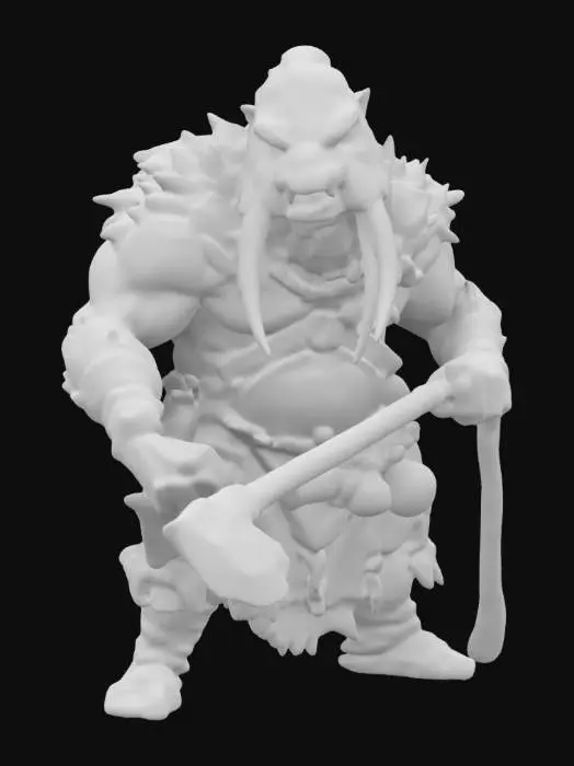3D model for An extremely detailed medieval warrior. Has the characteristics of a walrus man he is carrying a large wooden club he is dressed in leather clothing he is extremely muscular. His extremely large tusks that is protruding from his mouth are adorned with gold chains. He is in an attack stance