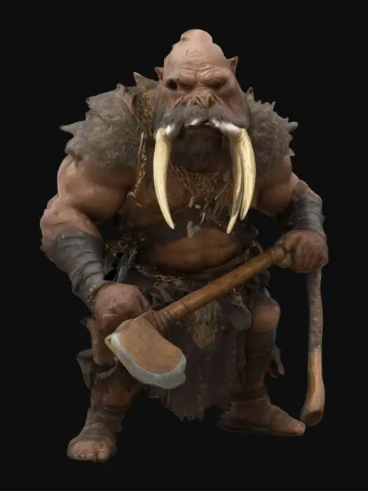 3D model for An extremely detailed medieval warrior. Has the characteristics of a walrus man he is carrying a large wooden club he is dressed in leather clothing he is extremely muscular. His extremely large tusks that is protruding from his mouth are adorned with gold chains. He is in an attack stance
