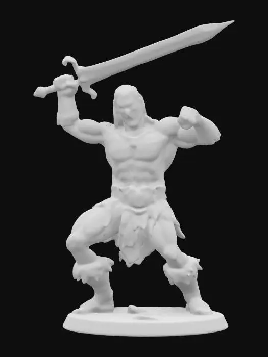 3D model for An incredibly detailed Conan the barbarian warrior he is holding a large sword above his head and is in a crouching attack position. He is on a round base.
