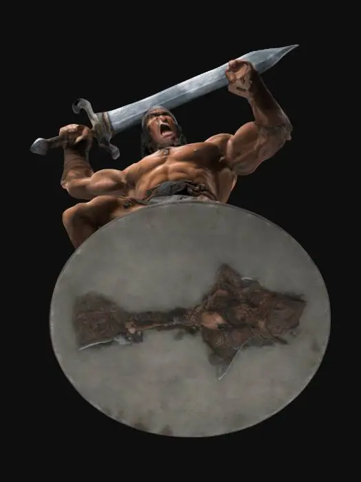 3D model for An incredibly detailed Conan the barbarian warrior he is holding a large sword above his head and is in a crouching attack position. He is on a round base.