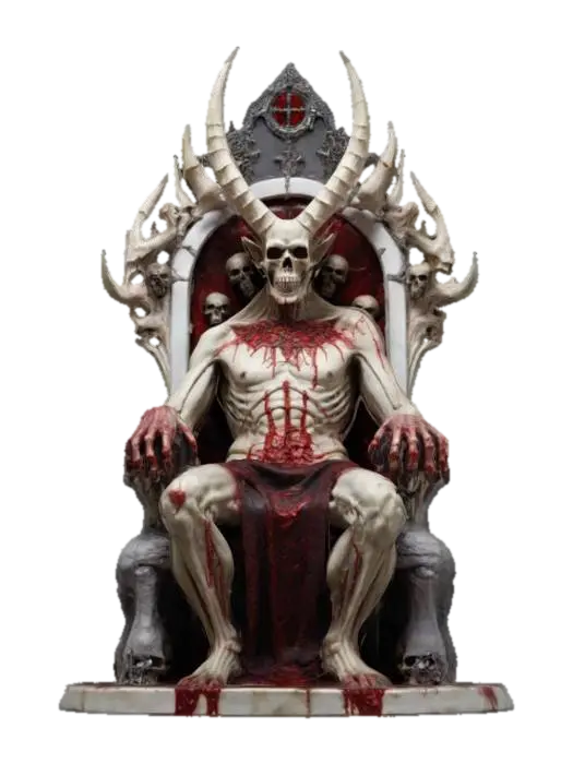A figure of Satan sitting on his throne. The throne is made out of bones and skulls.… - Devil 3D model, vytvořený pomocí AI