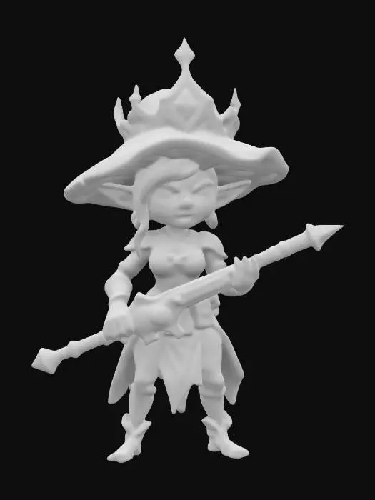 3D model for Mushroom queen with green skin 3d, solid colors, low poly, battle scars holding a sword.