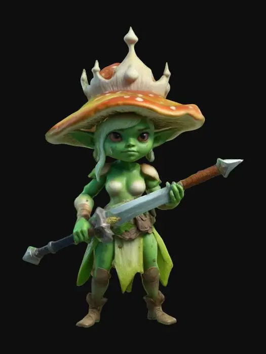 3D model for Mushroom queen with green skin 3d, solid colors, low poly, battle scars holding a sword.