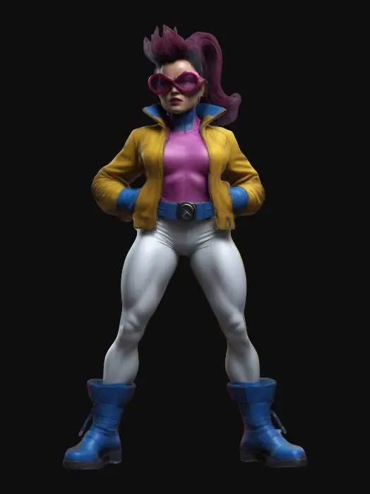 3D model for Extremely detailed ultra-realistic jubilee from the X men, comic book characteristics, smooth lines, deeply detailed, action pose, superhero stance 