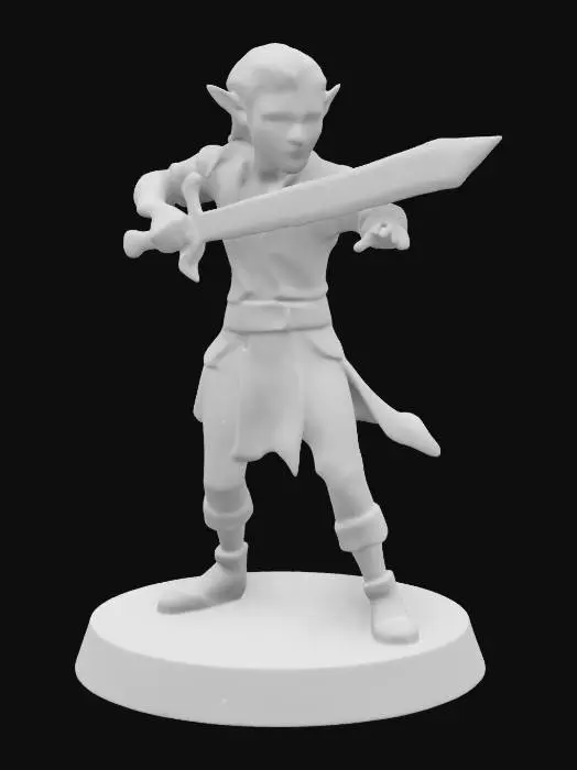 3D model for Simplistic design of an elf warrior he is swinging a small broadsword soft clear features role playing tabletop game ready on a round base