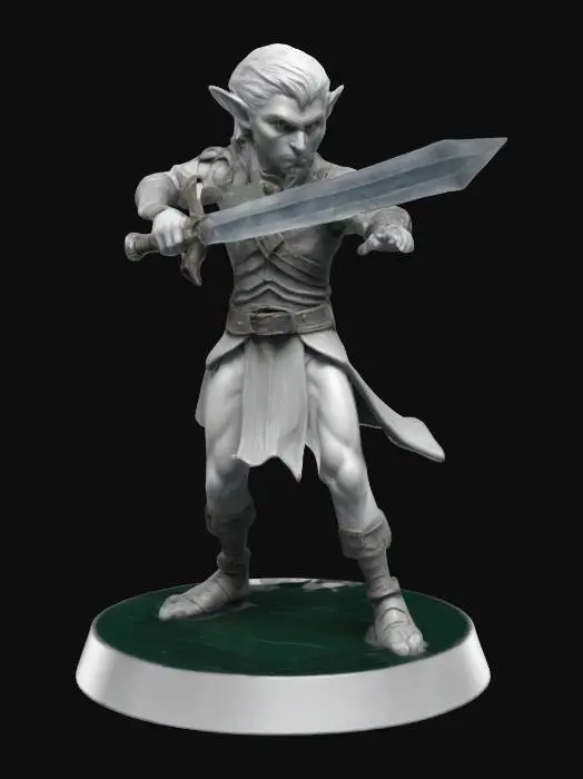 3D model for Simplistic design of an elf warrior he is swinging a small broadsword soft clear features role playing tabletop game ready on a round base