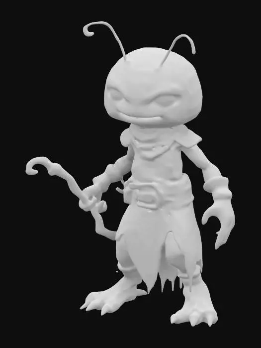 3D model for An extremely detailed, Ladybug monster, beetle features with black spots and red oval dome shaped body, warrior in leather clothing holding a crooked stick