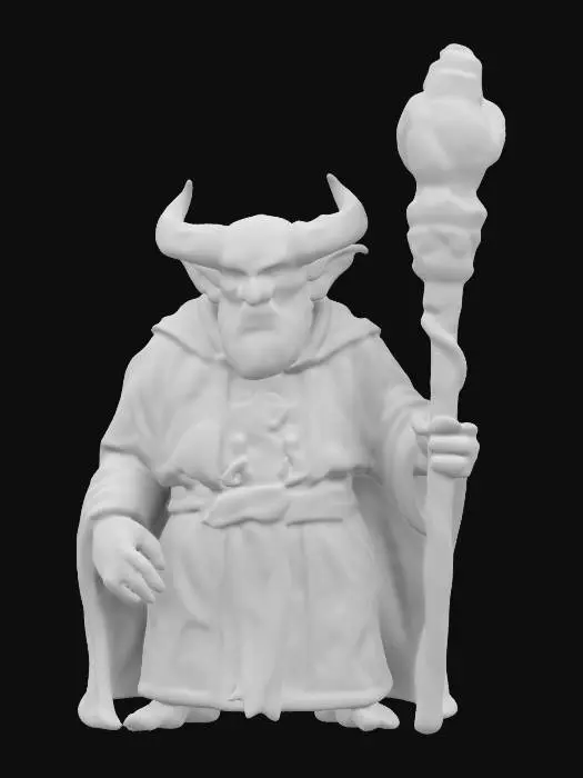 3D model for A male Tiefling. He has mottled red skin.  He has small black horns.  He is wearing white clerical robes.  He is holding an oversized wooden staff.  Large deeply carved eyes. Thick body. Highly stylized. Carved detail. Highly detailed. High resolution. Well-lit. Dungeons & Dragons. DND.