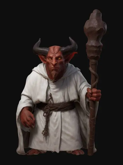 3D model for A male Tiefling. He has mottled red skin.  He has small black horns.  He is wearing white clerical robes.  He is holding an oversized wooden staff.  Large deeply carved eyes. Thick body. Highly stylized. Carved detail. Highly detailed. High resolution. Well-lit. Dungeons & Dragons. DND.