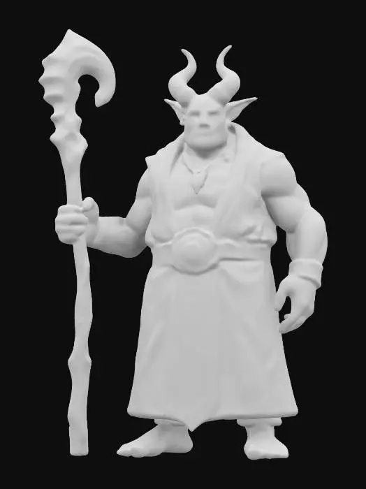 3D model for A male Tiefling. He has mottled red skin.  He has small black horns.  He is wearing white clerical robes.  He is holding an oversized wooden staff.  Large deeply carved eyes. Thick body. Highly stylized. Carved detail. Highly detailed. High resolution. Well-lit. Dungeons & Dragons. DND.