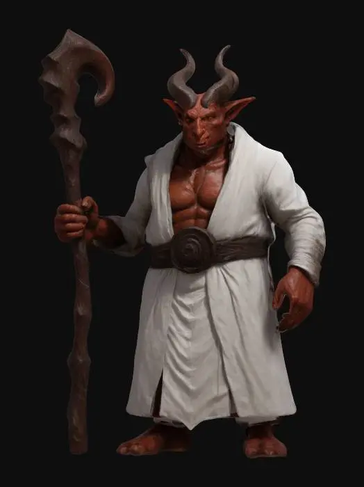 3D model for A male Tiefling. He has mottled red skin.  He has small black horns.  He is wearing white clerical robes.  He is holding an oversized wooden staff.  Large deeply carved eyes. Thick body. Highly stylized. Carved detail. Highly detailed. High resolution. Well-lit. Dungeons & Dragons. DND.