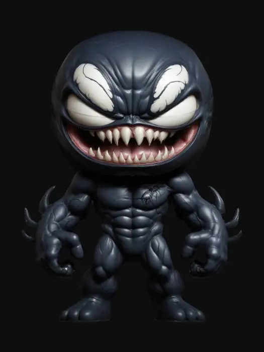 3D model for Venom. Muscular body. Menacing expression. Chibi art style. Well-proportioned. Clearly defined features. Highly detailed. Highly stylized. Walls and features are at least 2mm thick. Bold, recessed features with a depth of at least 2mm. Sharp, clean lines. Embossed features to rise at least 2mm above the surface. DND.