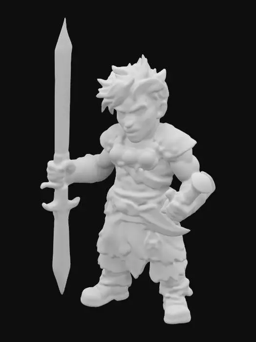 3D model for I want to create a, Highly Detailed,  kawaii style 3D model of a muscular  barbarian The barbarian is in leather armor, a mean and battle hardened appearance. He is holding a broadsword 