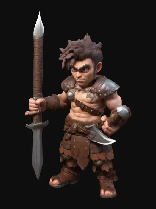 3D model for I want to create a, Highly Detailed,  kawaii style 3D model of a muscular  barbarian The barbarian is in leather armor, a mean and battle hardened appearance. He is holding a broadsword 