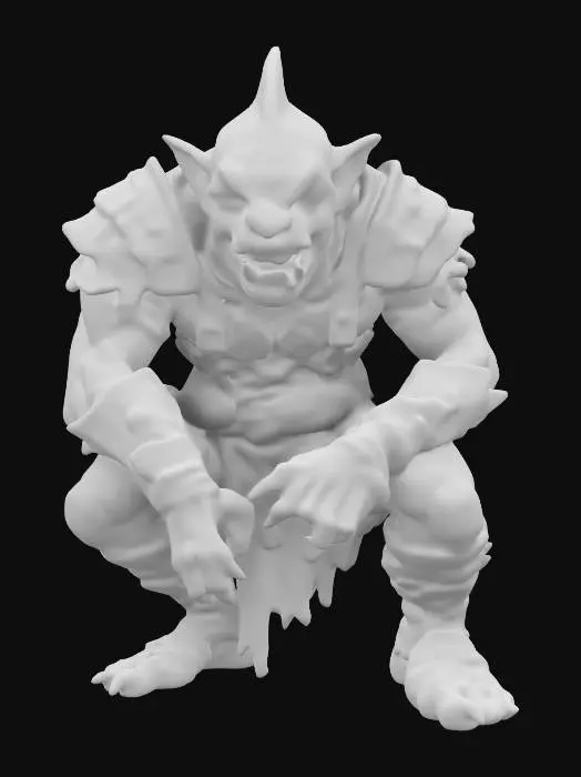 3D model for extremely detailed shark headed orc bodied  warrior in a crouched position he is in leather clothing deeply detailed 
