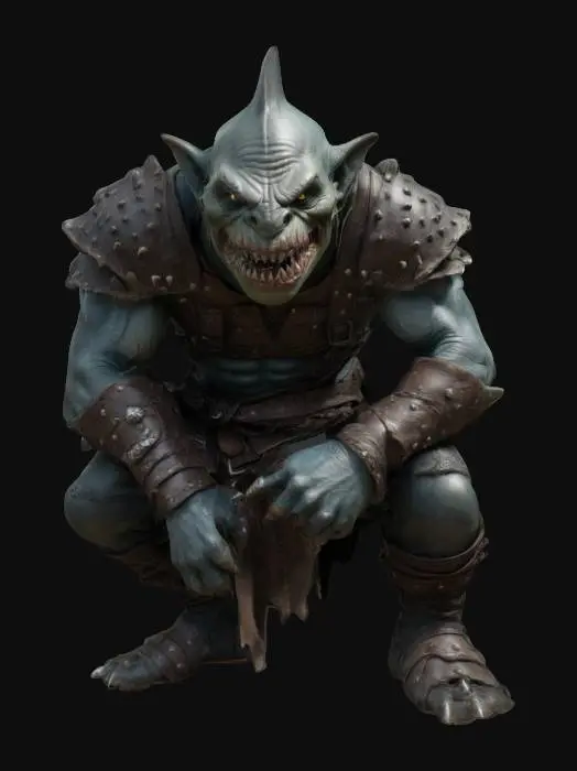 3D model for extremely detailed shark headed orc bodied  warrior in a crouched position he is in leather clothing deeply detailed 