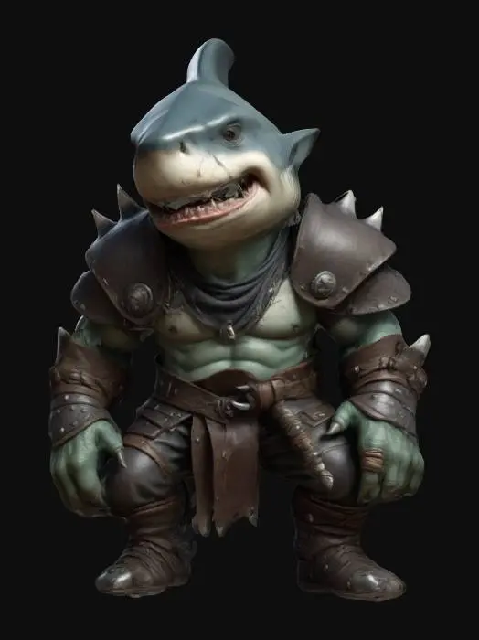 3D model for extremely detailed shark headed orc bodied  warrior in a crouched position he is in leather clothing deeply detailed  Chibi art style. Well-proportioned. deeply cut 