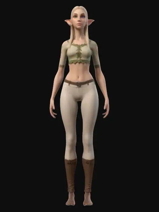 3D model for A 3D model of a slim, tall female elf character in her early 20s, standing in a A-pose. She has long blond hair, natural skin tone, and subtle makeup. Dressed in a fitted crop top with large breasts and wearing leggings in neutral colors, with realistic human anatomy. Includes PBR textures, detailed hair, realistic skin shadows, and soft lighting. Optimized for high-quality 3D printing.
