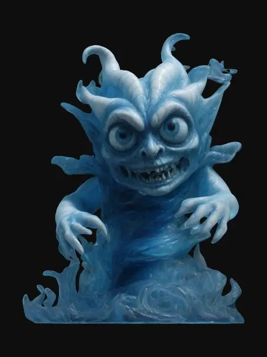 3D model for A swirling tower water demon.  It has translucent shades of blue and white.  It has waves of water extending to resemble hands.  It has a menacing expression.  Large deep cut eyes. Highly stylized. Deeply carved detail. Highly Detailed. Ultra Realistic. Well-lit.