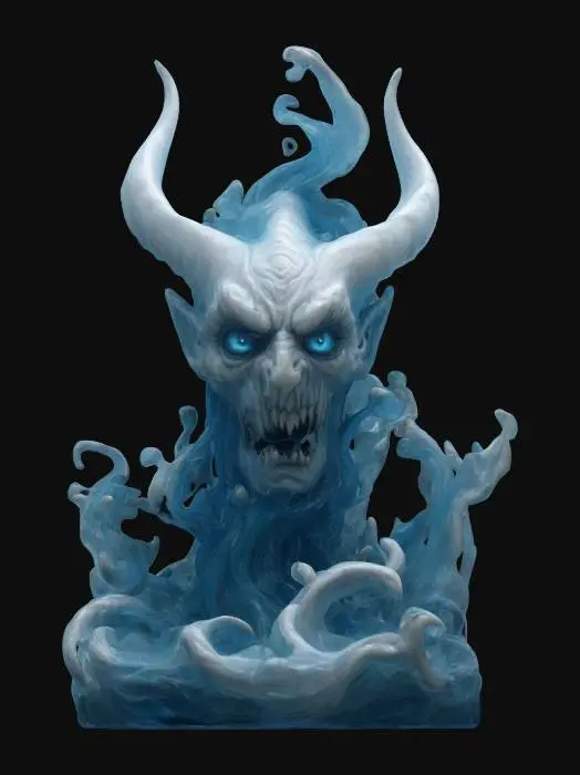 3D model for A swirling tower water demon.  It has translucent shades of blue and white.  It has waves of water extending to resemble hands.  It has a menacing expression.  Large deep cut eyes. Highly stylized. Deeply carved detail. Highly Detailed. Ultra Realistic. Well-lit.