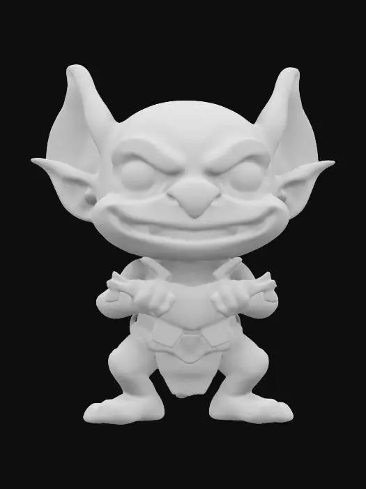 3D model for A Funko Pop-style goblin with deep detail in the eyes and mouth holding a small axe 
