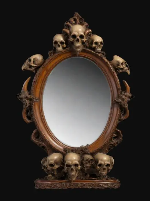 3D model for extremely detailed renaissance style oval mirror wood frame with carved skulls devils and other evil  images  on a round base