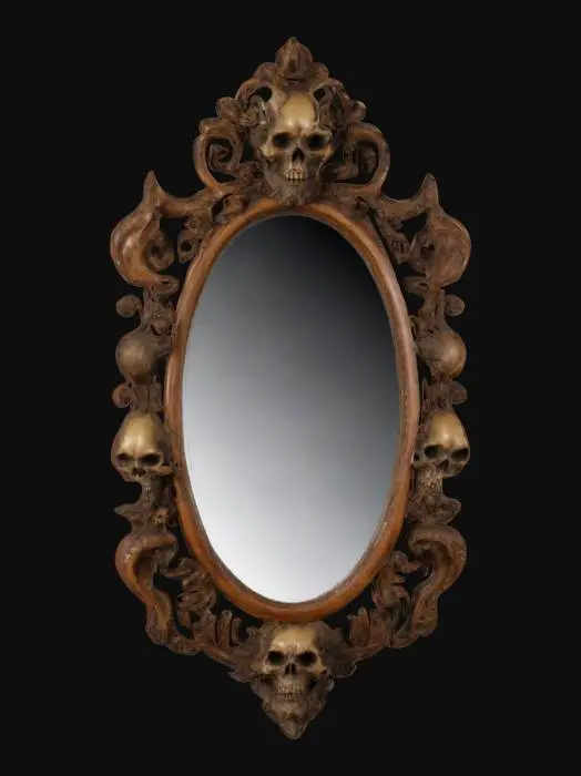 3D model for extremely detailed renaissance style oval mirror wood frame with carved skulls devils and other evil  images  on a round base